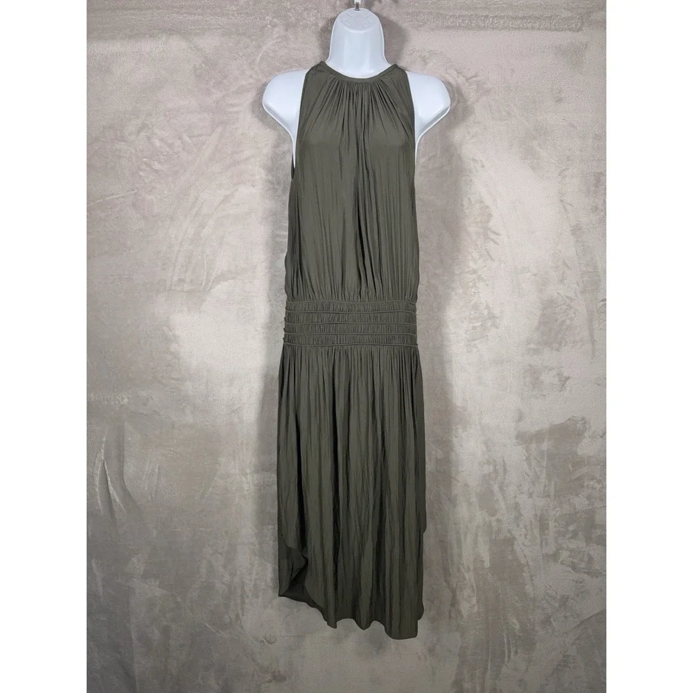 Ramy Brook Audrey Midi Dress Womens XS Olive Green Smocked Halter Stretch